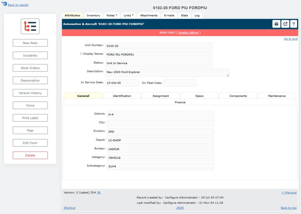 Vehicle Attributes Asset Management Software